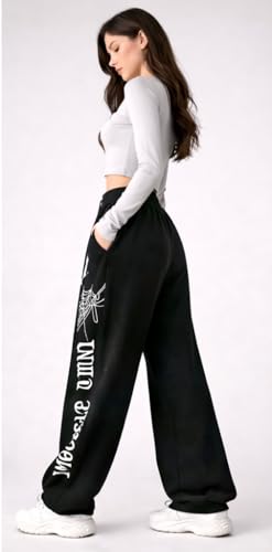 Image of CRAMPLEWomen's Graphic Print Wide Leg Sweatpants, Elastic Waist with Drawstring, Casual Streetwear Joggers