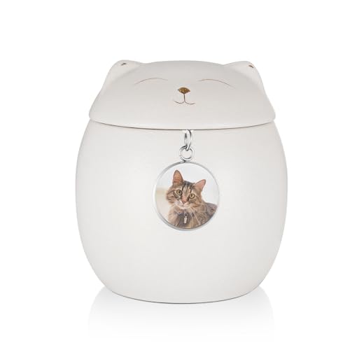 SOITIS Photo Customized Smiley Cat Shaped Pet Keepsake for Ashes - 3.2x2.9 inch Memorial Urn for Cats Dogs, Pet Cremation Small Urn with Ceramic Head Lid, Mini Funeral White Keepsake for Ashes