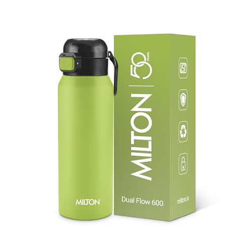 Image of Milton Dual Flow 600 Thermosteel Water Bottle 595 ml with One Touch Safety Lock & Twin Lid Sip or Gulp,Long Hours Hot & Cold,Leak Proof,ISI Certified,Vacuum Insulated,for Office,Gym,School,Neon Green