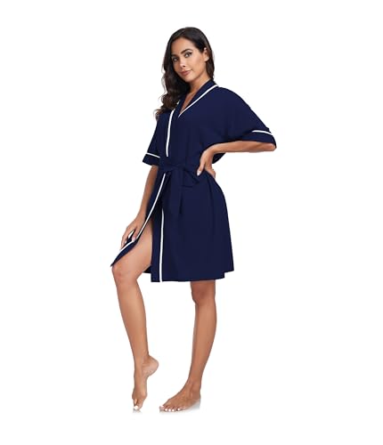 Image of ANLIQI Womens 100% Cotton Robes Lightweight Summer Short Sleeve Lady Bathrobe Knee Length Kimono Robe Sleepwear with Pockets