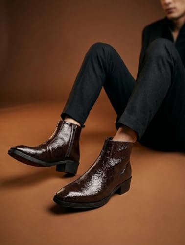 Image of Big Fox Men's Tan Textured Cuban Boots | Premium Ankle-Length Fashion Boots | Stylish, Durable & Comfortable