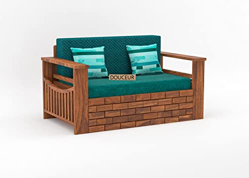 Image of Douceur Furnitures Solid Sheesham Wood Wooden Frame Two 2 Seater Sofa Cum Bed for Living Room,Hotels,Apartment & Hall | Finish:-Natural Teak | Cushion:-Teal-Green
