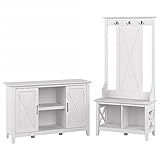 Bush Furniture Key West Entryway Storage Set with Hall Tree, Shoe Bench and 2 Door Cabinet, Pure White Oak