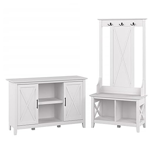 Bush Furniture Key West Entryway Storage Set with Hall Tree, Shoe Bench and 2 Door Cabinet, Pure White Oak