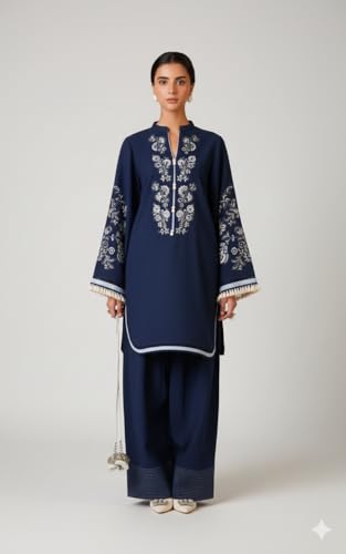 Image of Women Navy Blue Crepe Printed Kurta Set | Elegant Straight Kurta & Pant Ethnic Wear | Sizes up to 6XL