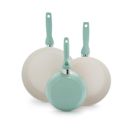 Greenpan Rio Healthy Ceramic Nonstick 7" 9.5" and 11" Frying Pan Skillet Set, PFAS-Free, Dishwasher Safe, Turquoise