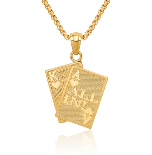 14K Solid Yellow Gold Ace of Heart Love King All In Poker Necklace Playing Cards Suit Pendant Gambling Deck Charm Good Luck Jewelry