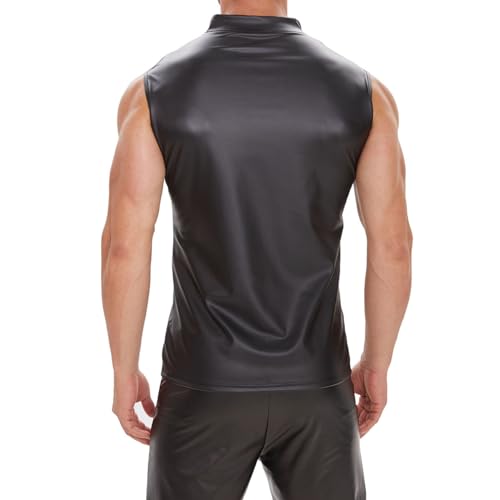 Image of Men Soft Leather Tank Top, Shiny Matte Leather, Elastic, Full Zipper Leather Vest