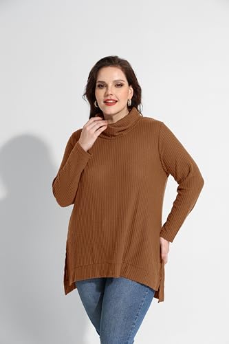 Image of RITERA Women's Plus Size Waffle Tops Long Sleeve Turtleneck Sweater Shirts Knit Tunic Oversized Casual Pullover Blouse XL-5XL