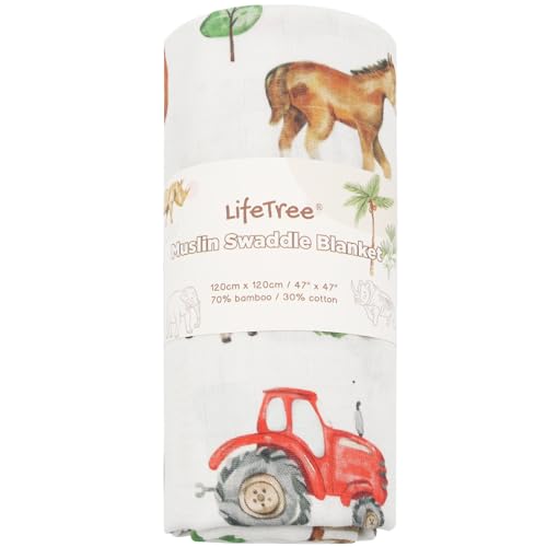 Image of LifeTree Muslin Swaddle Blankets, Baby Swaddles Blanket for Boys Girls Newborn Nursery, Soft Large 47 inch x 47 inch, Farm Animals, 70% Viscose from Bamboo and 30% Cotton