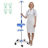 Infusionsständer mit Rollen Edelstahl, Höhenverstellbar 110–200 cm, 5-Rad Basis, 4 Haken für mehrere Patienten, Aufbewahrungsbox mit 4 Netztaschen – Tragbarer IV Ständer