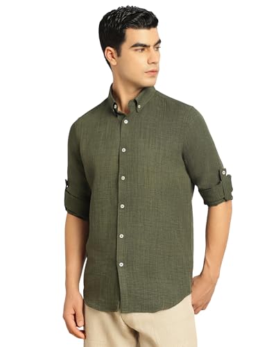 Image of Thomas Scott Men's | Solid | Textured Fabric | Full Sleeve | Slim Fit | Polyester-Blend | Spread Collar | Casual Shirt