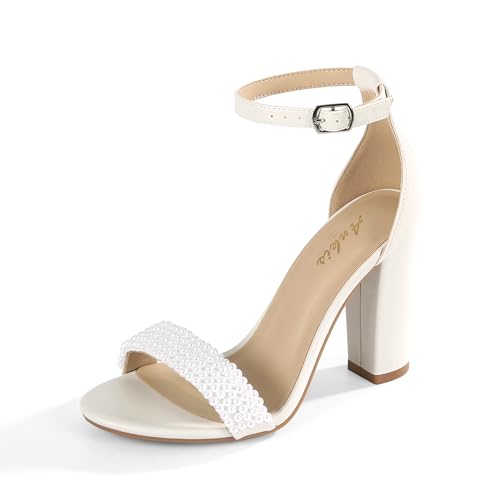 Ankis White Heels for Women Open Toe Ankle Strap Chunky Heel with Pearl Wedding Shoes 4IN
