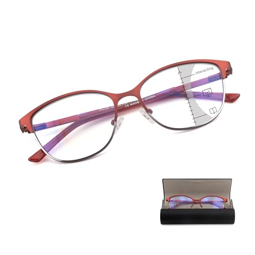 FEIVSN Cat Eye Progressive Multifocus Reading Glasses for Women No Line Multifocal Readers Metal Frame with Hard Case (Workspace For Near Range, Red + Silver, +1.50)