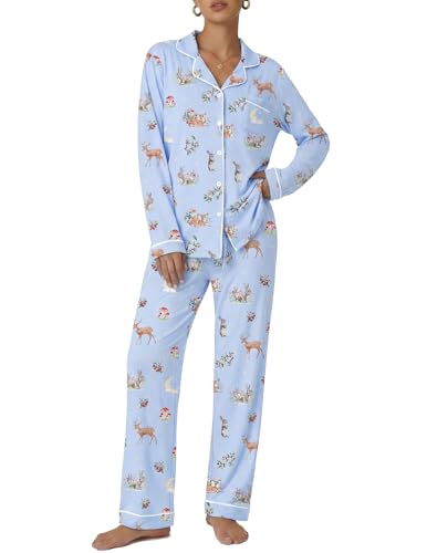 Image of Ekouaer Pajamas Women's Long Sleeve Sleepwear Soft Button Down Loungewear Pjs Lounge Set Nightwear XS-XXL