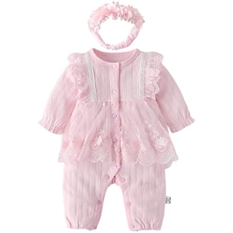 Newborn Baby Girl Romper -100% Cotton One-Piece Sleepsuit Long Sleeve Jumpsuit Outfits with Headband Cover