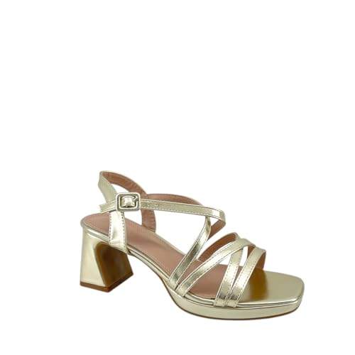 MODELISA - Sandalias de Tacón para Mujer, Tiras Cruzadas, Hebilla Ajustable Tobillo para Boda Fiesta Noche Evento Ceremonia (Dorado, Sistema tallas calzado EU, Adulto, Mujer, Números, mediano, 40)