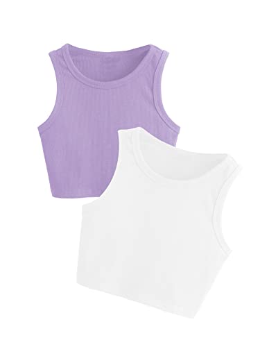 Image of Milumia Girls Shirt 2 Pack Ribbed Knit Round Neck Casual Baisc Crop Tank Top (Multi White Purple, 7 Years, Sleeveless)