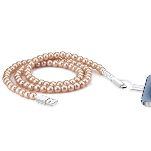 SAMONPOW USB C Cable for iPhone Charging Cord 60W 2 in 1 Multi Fast Charging Cable 3.3FT Cute Beaded USB A Type C IOS Charger Cord for iPhone 17 16 1514 Pro Max/iPad A16/Galaxy S25 Champagne Gold