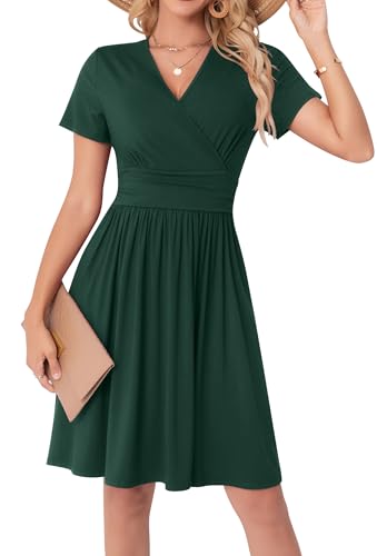 WUWUSKY Sommerkleid Damen Kurzarm V-Ausschnitt Freizeit Kleider A Linie Leicht Casual Dress mit Taschen Strandkleid Rüschen Midikleid Einfarbig...