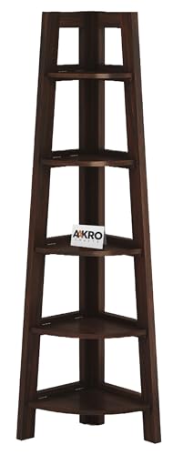 Image of Solid Sheesham Wood Corner Shelf 5 Tier Ladder Shelves Book Shelf Rack Wooden Bookcase Display Unit for Living Room Bedroom (Walnut Finish)