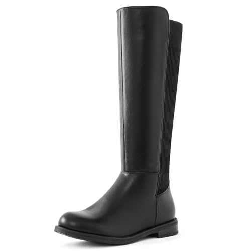 Shoe'N Tale Women's Knee High Boots Flat Low Heel Stretchy Round Toe with Side Zipper
