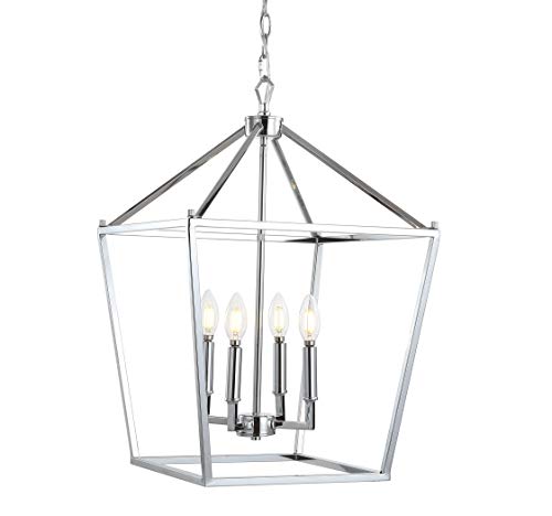 Image of JONATHAN Y Pagoda 4-Light Pendant 16 inch Cage, Chrome | Traditional Metal Farmhouse Hanging Lantern Ceiling Fixture, Adjustable Chain Link, For Kitchen Island, LED Bulb Included