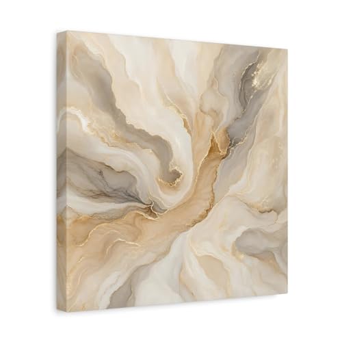 Art fluide abstrait or et beige : tableau toile carrée pour salon 35x35 cm