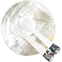 DUEBEL MOP Caviar Server Set, Plate Plus Set of 2 Mother of Pearl Caviar Spoons with Green Abalone 3.5 Decoration for Caviar, Appetizer, Dessert, Egg, Icecream