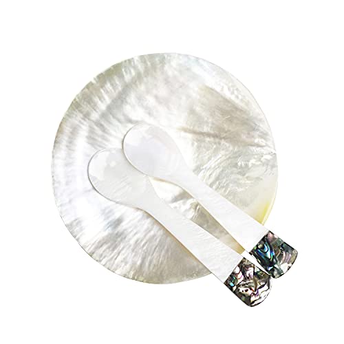DUEBEL MOP Caviar Server Set, Plate Plus Set of 2 Mother of Pearl Caviar Spoons with Green Abalone 3.5â€ Decoration for Caviar, Appetizer, Dessert, Egg, Icecream
