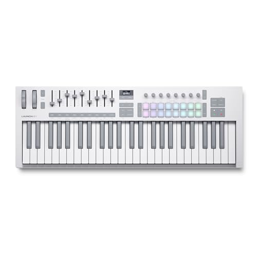 Novation Launchkey 49 White MK4 – 49 Semi-Weighted Key, USB, MIDI Keyboard Controller with DAW Integration. Chord & Scale Modes, 16 Drum Pads, Arpeggiator, & Includes Music Creation Software Bundle