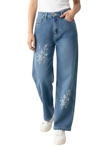 Image of GRECIILOOKS Embroidery Jeans for Women| Women's Summer Wide Leg Denim Jeans | High Waist Straight Fit Casual Pants for Office, Vacation & Everyday Wear