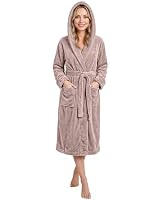 NY Threads Luxury Fluffy Fleece Dressing Gown Womens Hooded Soft Loungewear Bath Robe, Taupe, Medium