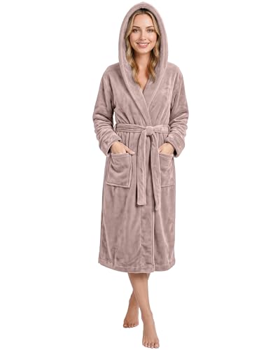 Image of NY Threads Luxury Ladies Hooded Dressing Gown Super Soft Fleece Women's Robe Comfortable Loungewear and Nightwear, Taupe, Medium