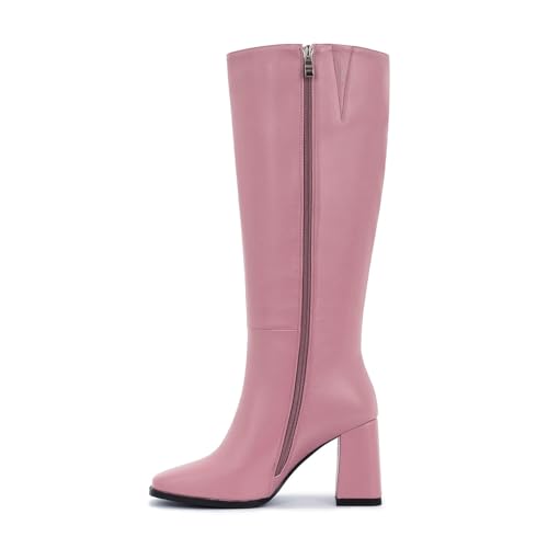 Image of Knee High Boots for Women - Wide Calf Boots with Zipper, Square Toe Tall Leather Boots, Chunky Heel Fashion Long Boots