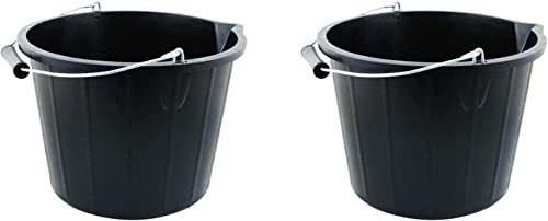 Set Of 2 - Plastic Builders Black Bucket 3 Gallon 14 Litre Water Mixing Storage Strong with Measuring Guide, Handle And Spout.