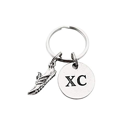 RUN XC Pewter Pendant Key Chain - Pewter Running Shoe Charm and Round Pewter XC Pendant on Round Stainless Steel Key Ring