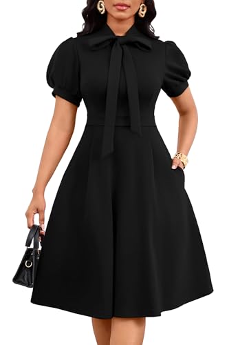 Nmoder Midi Dresses for Women Semi-Formal Fit and Flare Tie Neck Puff Sleeve Elegant Cocktail Party Black Dress M