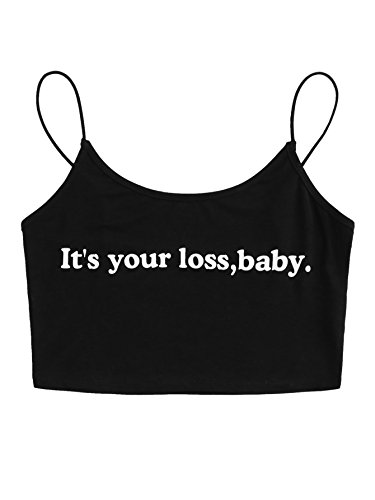 SweatyRocks Women's Spaghetti Strap Crop Top Letter Print Camisole Tank Tops Black XS