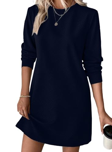 BLENCOT Womens Casual Pullover Sweatshirt Dress Crewneck Long Sleeve Trendy Fall Textured Solid Mini Dresses with Pockets