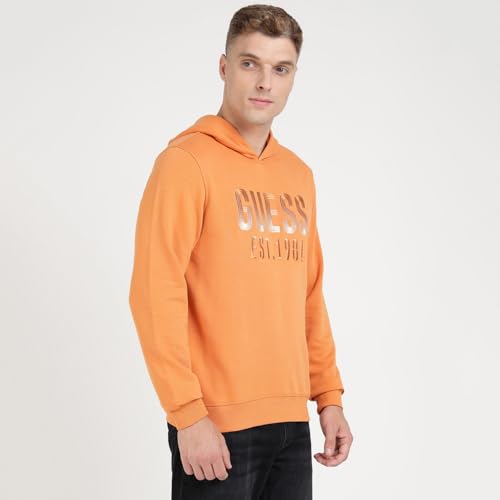 Image of GUESS Orange Cotton Blend Printed Pullover Sweatshirt
