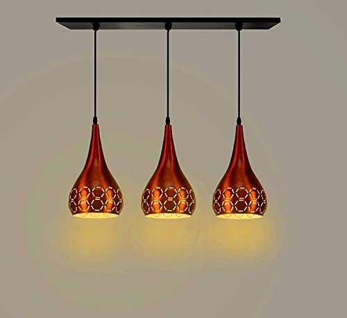 Image of GreyWings 3 Light Hanging Light for Home | Orange Aluminium Pendant Light with E27 Holder | Designer Ceiling Hanging Lamp for Bulb Not Included, Linear Set