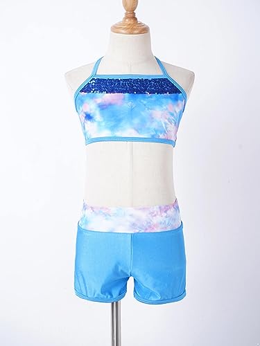 Image of Agoky Kids Girls 2PCS Sports Outfits Ballet Gym Sequins Mermaid Tank Top Shorts Set Tankini Swimwear Gymnastics Tracksuit