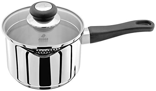 Judge Vista Draining J305A Stainless Steel Large Saucepan with Pouring Lip 16cm 1.5L, Shatterproof Glass Strain & Pour Lid, Induction Ready, Oven Safe, 25 Year Guarantee