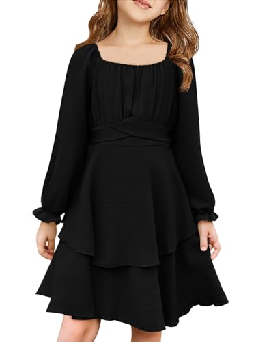 Haloumoning Girls Fall Dress Long Sleeve Off Shoulder Puff Sleeve Ruffle Tiered Layer Party Dresses 7-14 Years