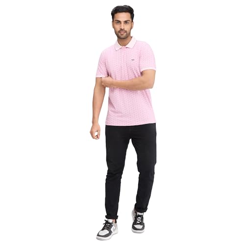 Image of Park Avenue Men's Slim Fit Print Pattern Cotton Polyester Blend Polo Neck Half Sleeve Casual T-Shirt