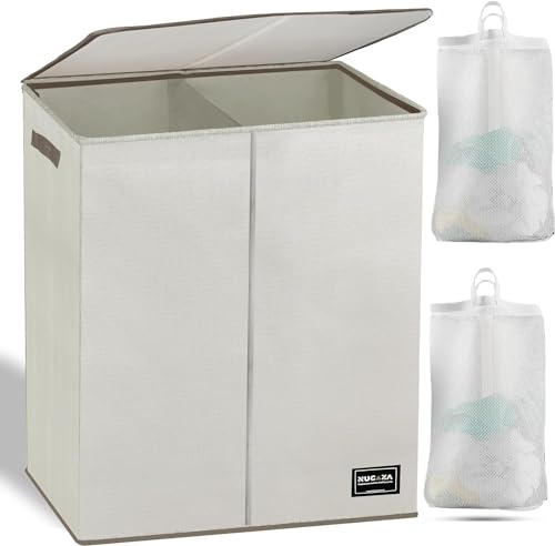 NUCAZA 145L Double Laundry Basket with Lid & Removable Laundry Bags, 2 Compartments Washing Basket for Light & Dark Clothes, Large Laundry Hamper, Collapsible Laundry Bin Storage Basket Beige