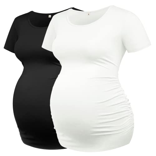 Fitglam Maternity Shirts For Women Cotton Short Sleeves Summer Pack Pregnancy Basic Tops Clothes Crew Neck Black/White #TOP10