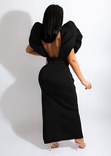 Memoriesea Women's Sexy Deep V Neck Puff Sleeve Side Split Ruched Backless Gown Dress2