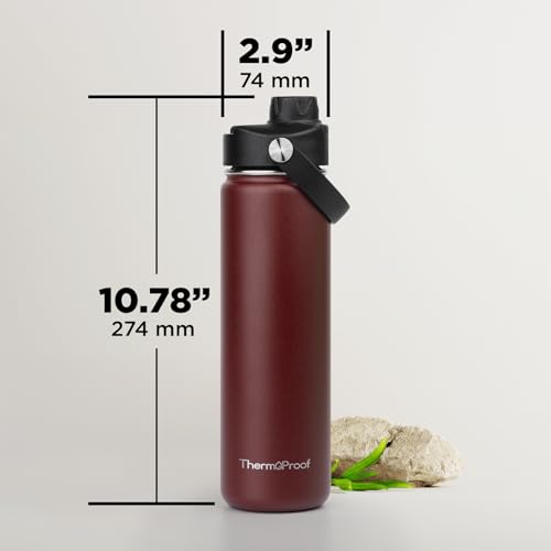 Image of ThermoProof Double-Walled Vacuum Insulated Stainless Steel Water Bottle - Wide Mouth with Chug & Spout Lids, Dishwasher Safe, Reusable, Leakproof, Hot & Cold for Men, Women & Kids - 22oz, Burgundy